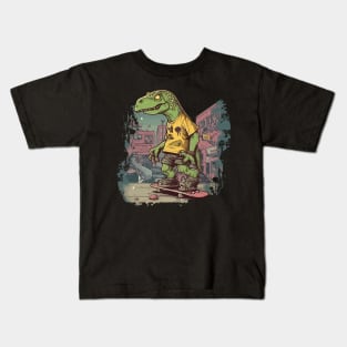 Urban dinosaur riding a skateboard Kids T-Shirt